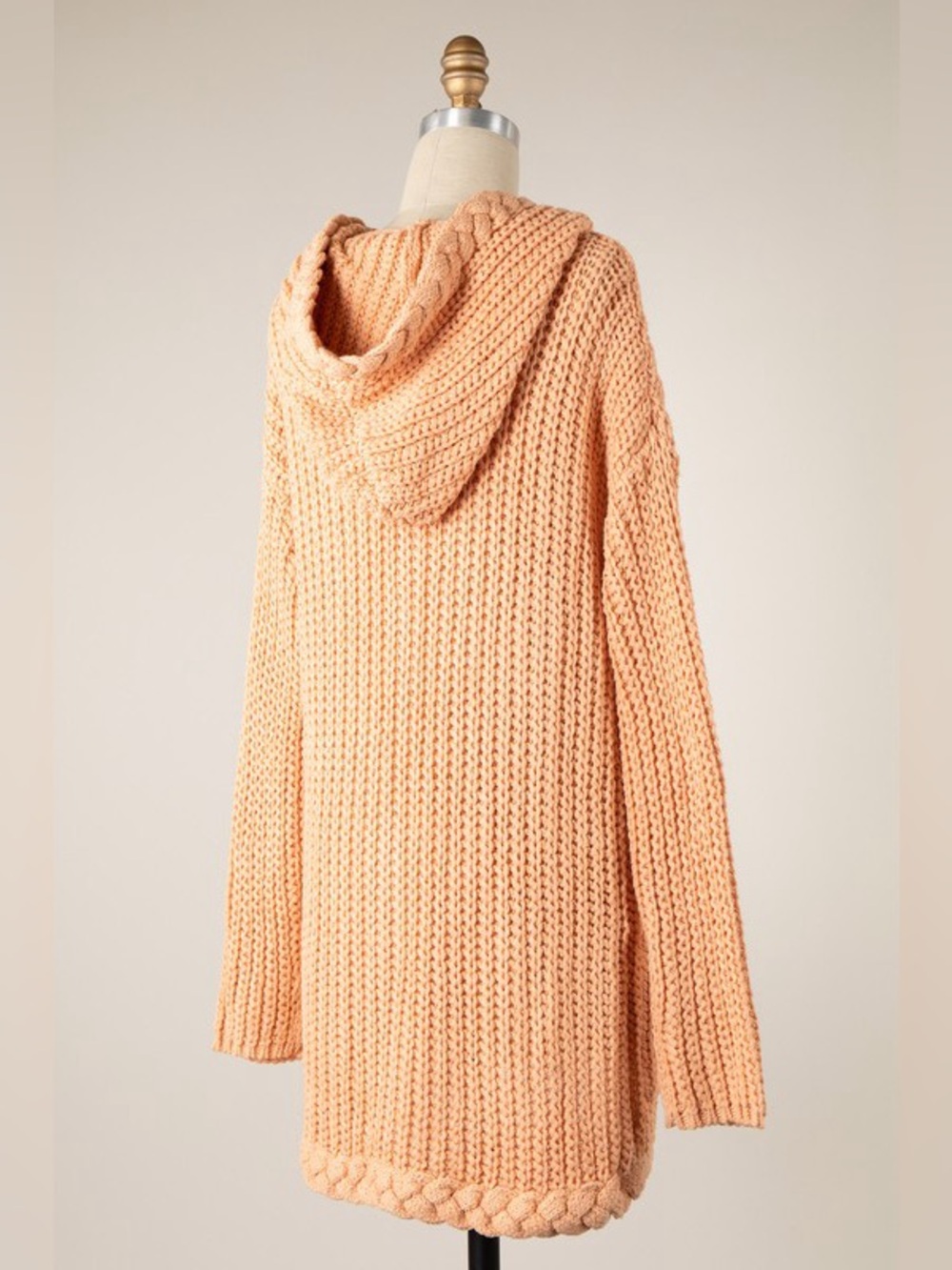 Cable Knit Hooded Cardigan with Braid Trim & Pockets – Peach - Picture 6 of 7